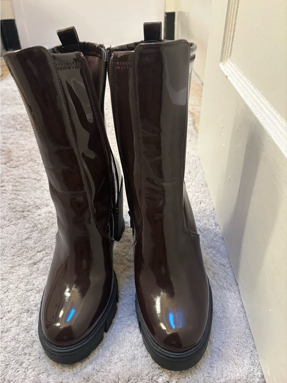 Aldo Glossy Patent Platform Mid-Calf Boots - Dark Brown